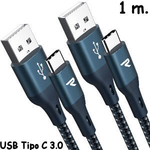 Cable USB 3.0 Tipo C de 1 m., pack de 2 cables de carga rápida y trenzado de nylon para Samsung Galaxy, Xiaomi Mi A1, Mi A2, LG, HTC, Sony Xperia XZ
