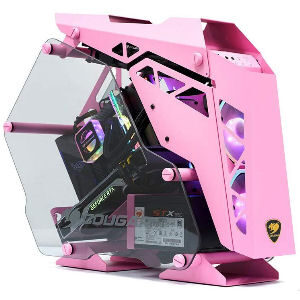 Caja de pc gaming rosa de aluminio con cristal templado