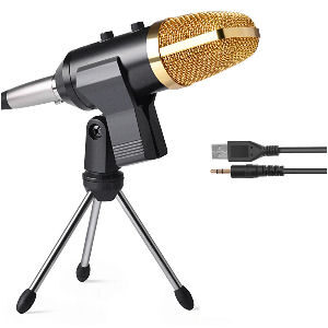 Micrófono de pide dorado con trípode, conexión usb para ordenador