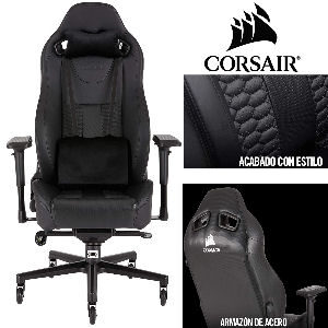 Silla gaming Corsair T2 Road Warrior, silla de polipiel negra con armazón de acero y cojín lumbar